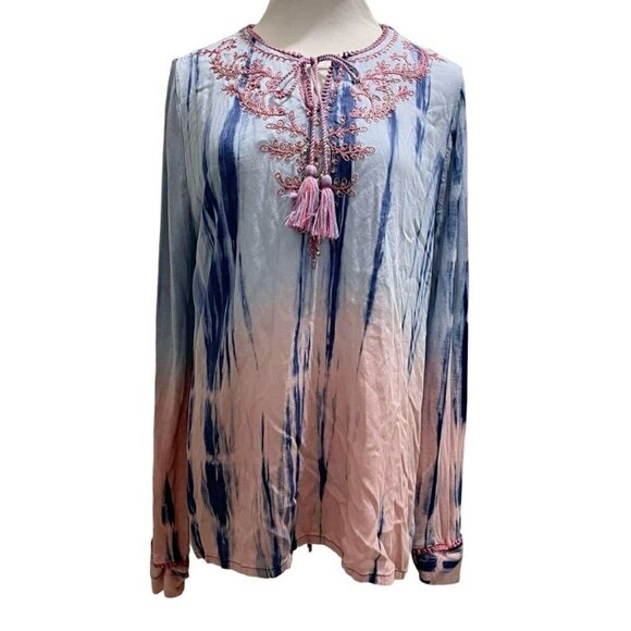 Soft Surroundings Petite Large Embroider Blouse Tassels Tie Dye - Picture 1 of 5